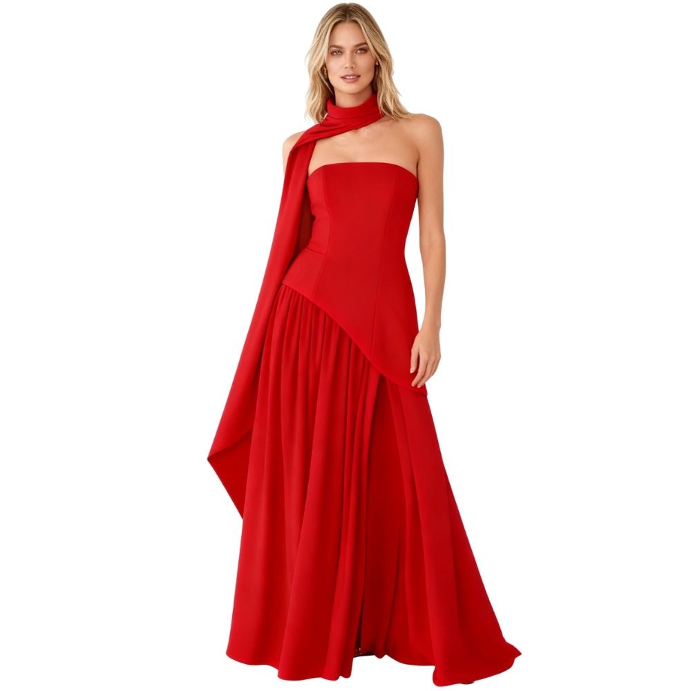 Woman wearing a red Kouvr one-shoulder evening gown on a white background