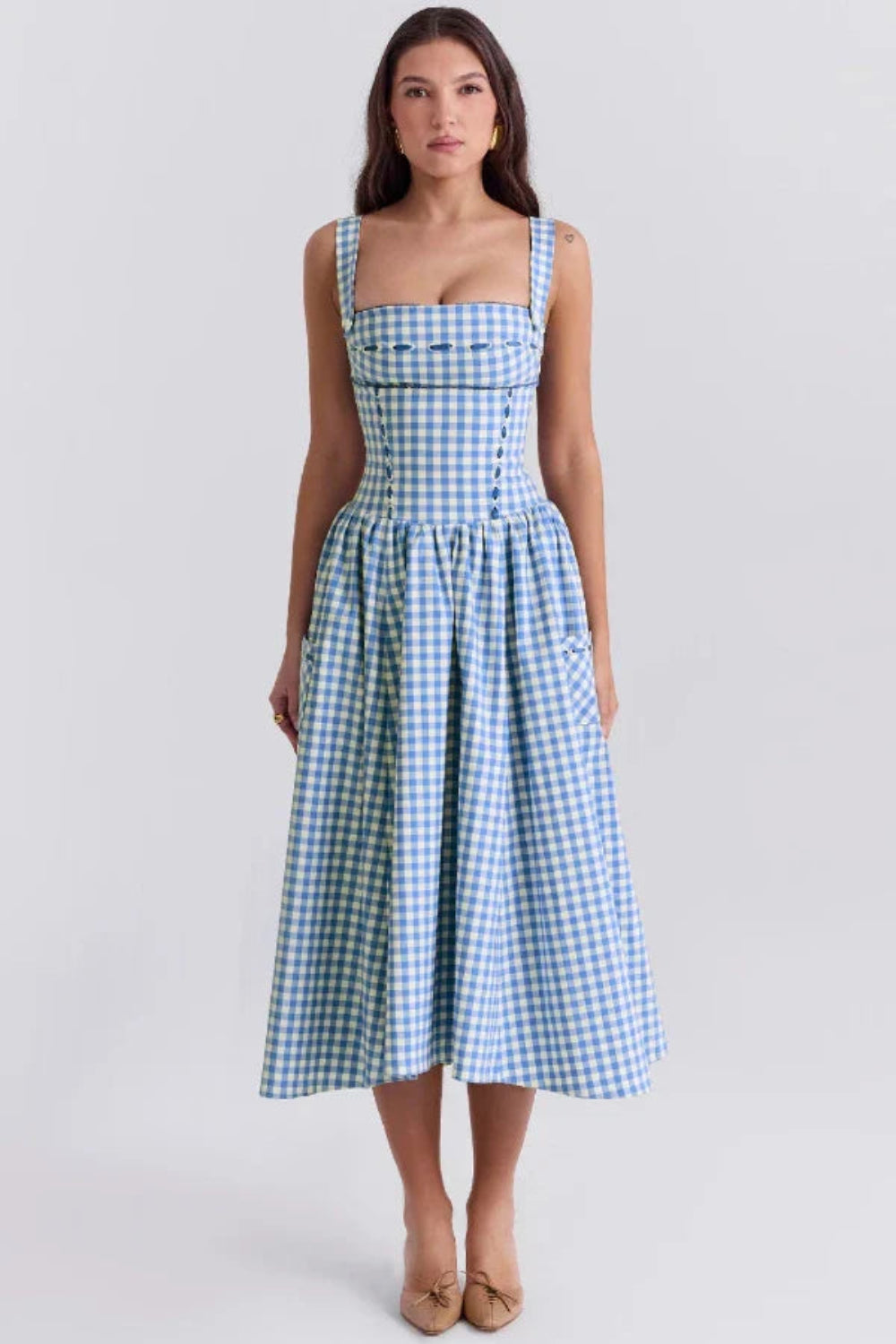 Blue Gingham Corset Midi Dress with Square Neck & Pockets | Vintage Fit and  Flare Summer Sundress in Cotton Poplin
