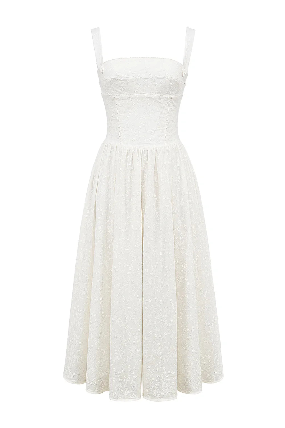 Model wearing Kouvr Apolline white corset midi dress with a square neckline and full A-line skir