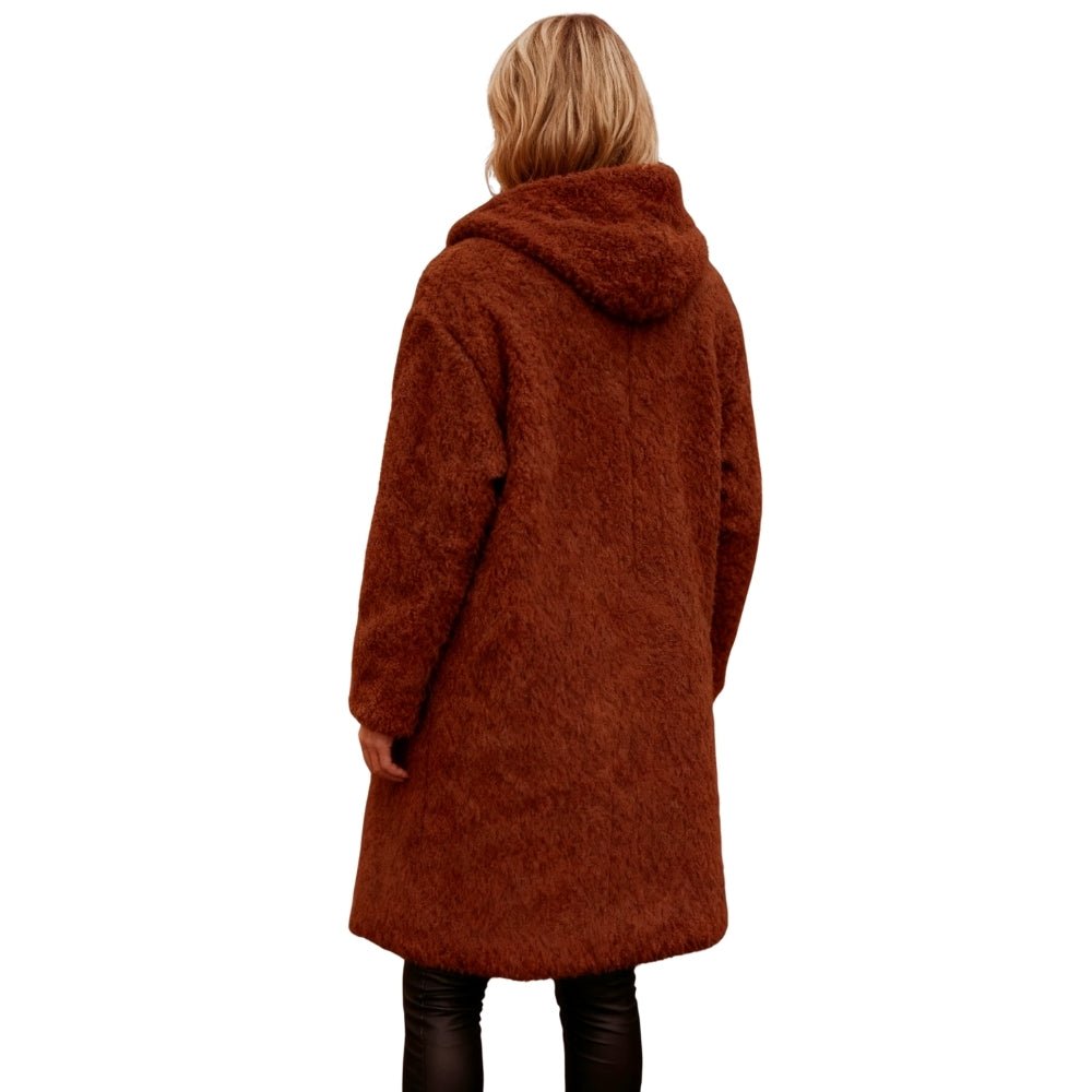 plush fleece jacket, oversized winter coat, cozy longline jacket, caramel teddy bear coat