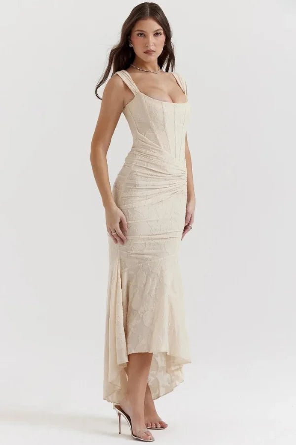 Ivory Corset Midi Dress Floral Jacquard Asymmetrical Hem | Formal Wedding Guest Cocktail Dress Square Neck Ruched Bodycon Gown for Women Ivory Corset Midi Dress Floral Jacquard Asymmetrical Hem | Formal Wedding Guest Cocktail Dress Square Neck Ruched Bodycon Gown for Women