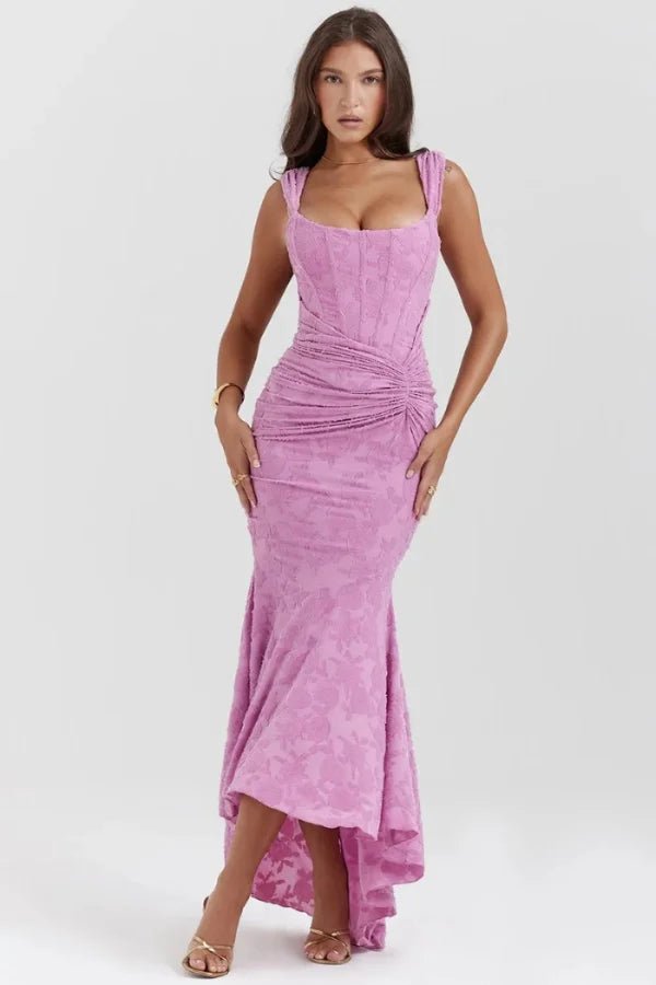 Pink Corset Mermaid Gown Floral Jacquard Ruched High-Low Formal Dress for Wedding  Guest Cocktail Party