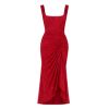 Kouvr Fashion red corset formal gown with square neck and ruched detail, front view