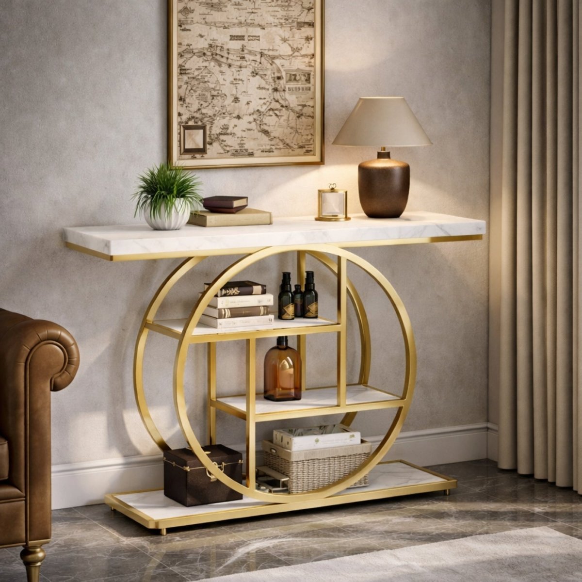 Detail shot of the tiered wooden shelves inside the black metal circular frame of the Kouvr Arcelia industrial console table, displaying books and a vintage telephone.