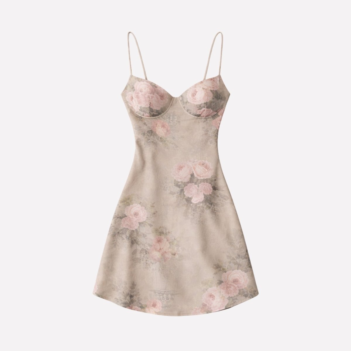 Flat lay of the Kouvr Ariadne beige floral bustier dress, highlighting the sweetheart neckline and rose print detail.