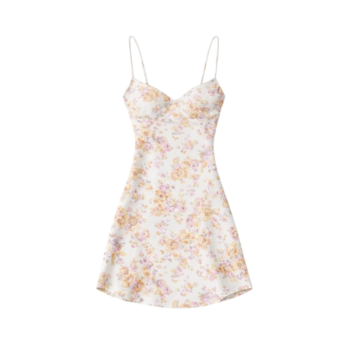 Flatlay image of the white floral print Kouvr Ariadne dress showing the full silhouette and sweetheart bustier detail.