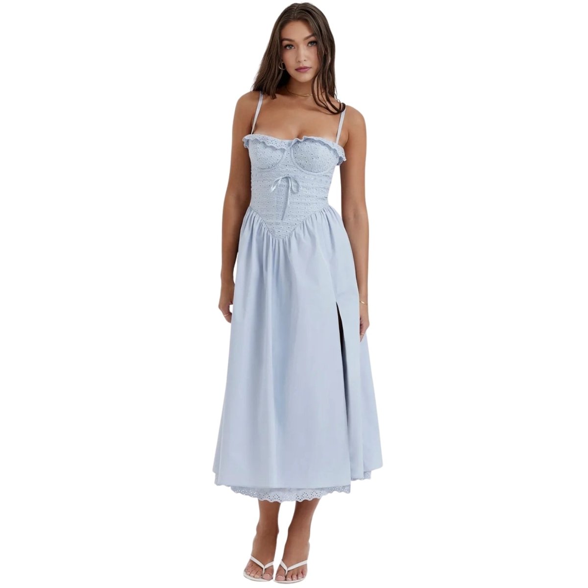 Light Blue Corset Midi Dress with Slit | Smocked Bodice Lace Sundress for Summer Wedding Guest | Kouvr Fashion Light Blue Corset Midi Dress with Slit | Smocked Bodice Lace Sundress for Summer Wedding Guest | Kouvr Fashion