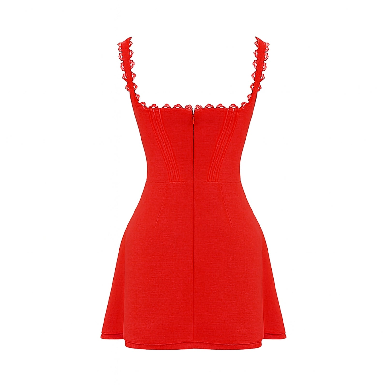 Product-only photo of the back of the red Kouvr Ariadne mini dress, highlighting the square back and zipper construction.