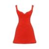 Product-only photo of the red Ariadne corset dress with scalloped trim, showing details of the bodice and knit texture.