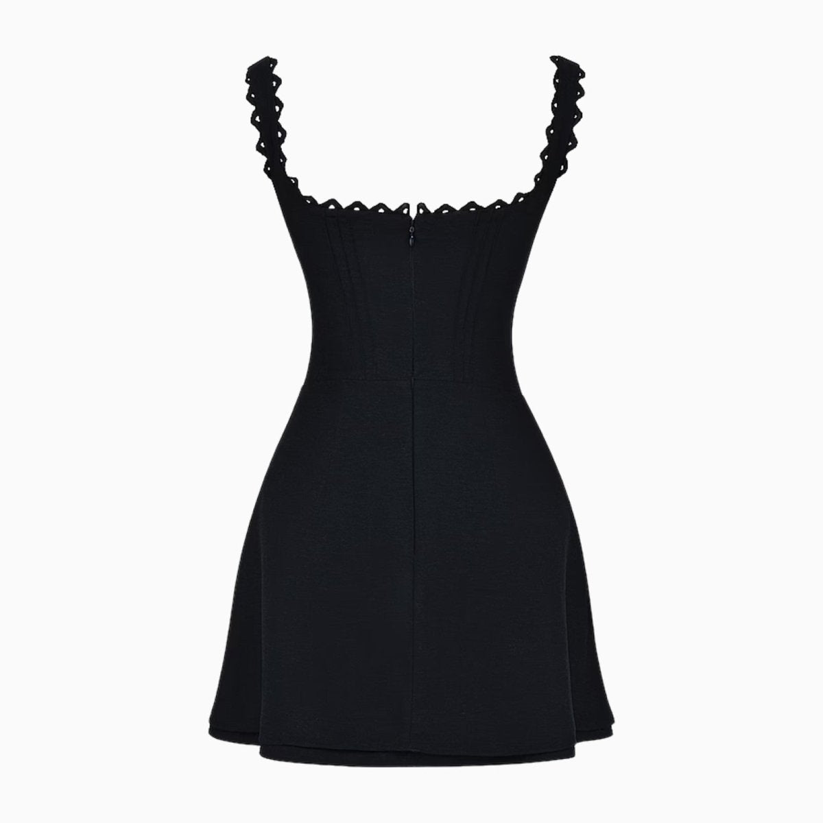 Back view flat lay of the Kouvr black mini dress showing the zipper closure, paneled construction, and ariadne strap design.