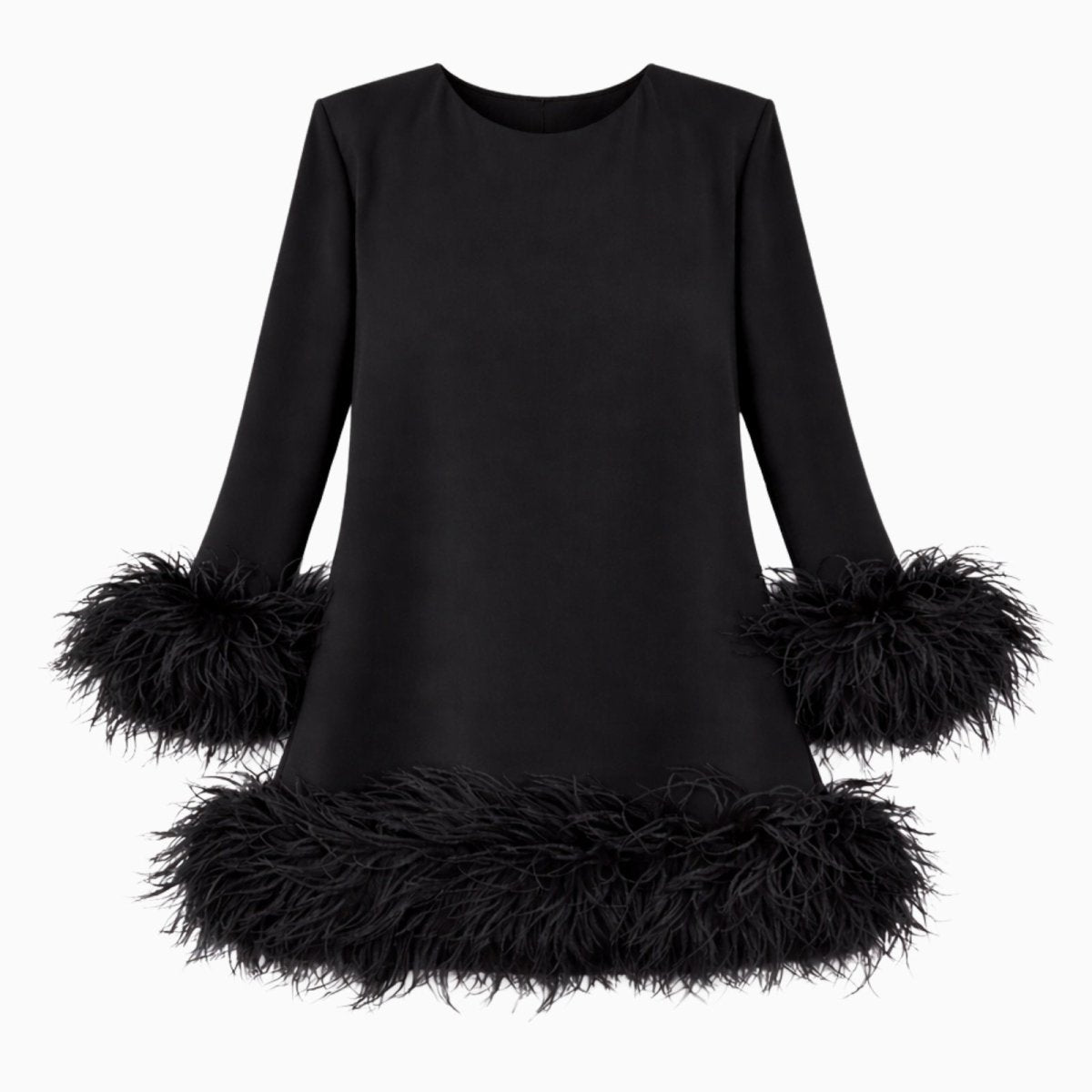 Product flat lay of the front of the Arica black long sleeve mini dress with ostrich feather trim on a white background.
