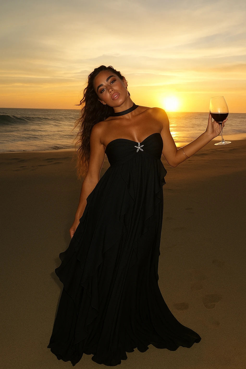 Black Halter Maxi Dress with Ruffles & Star Detail | Formal Evening Gown | Kouvr Black Halter Maxi Dress with Ruffles & Star Detail | Formal Evening Gown | Kouvr