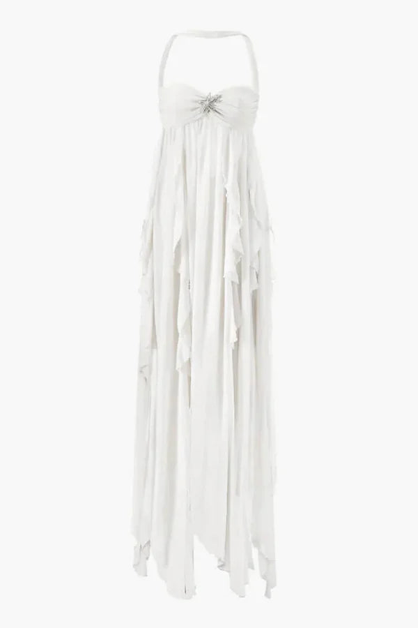 "ethereal," "goddess dress," "flowy," "resort wear," "Santorini style," "beach formal," and "honeymoon outfit