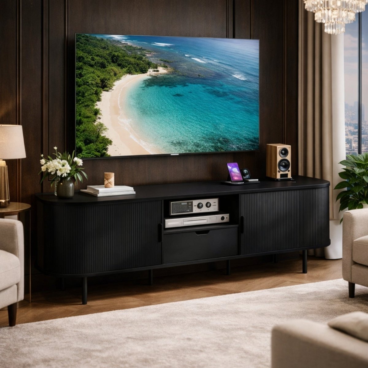 A close-up of the Arista media console in a rich walnut finish, highlighting the fluted sliding door texture and slender legs.