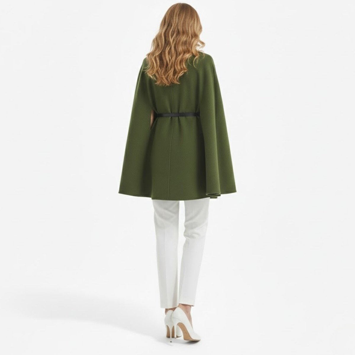 Back view of the Kouvr army green cape coat, highlighting the clean lines and the black belt detail.