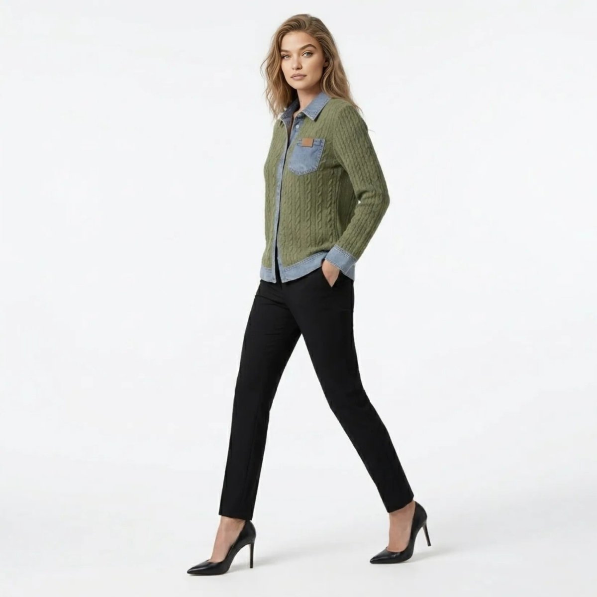 Side profile of female model walking, showcasing the relaxed fit of the Kouvr army green and denim mixed media button-down sweater.