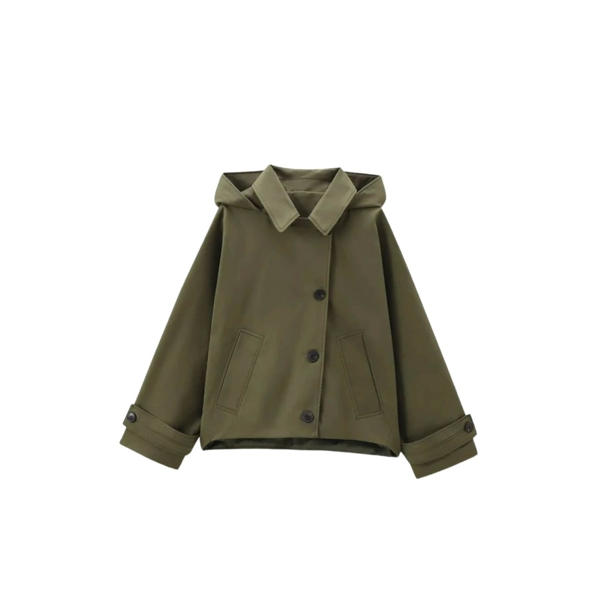 Macro detail view of the precision stitching on the front welt pocket of the army green kouvr jacket.