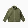 Product flat lay of the front of the Kouvr full-zip army green teddy fleece jacket showing the texture and pockets.