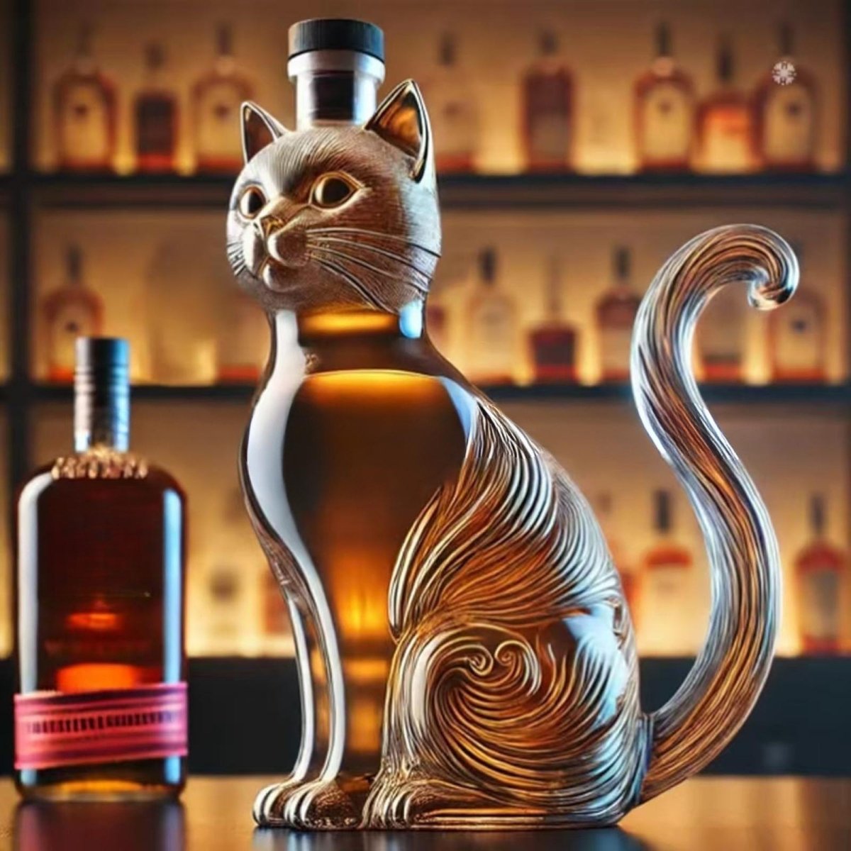 Side profile of the Kouvr artisan cat shaped whiskey decanter, showing its elegant tail and etched glass details on a bar top.