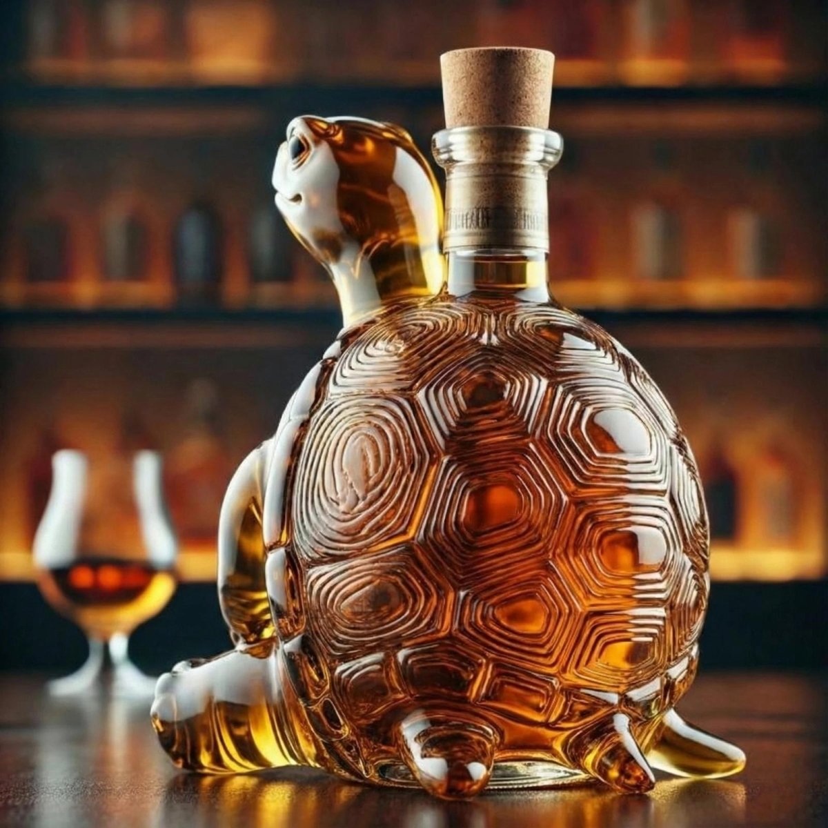 The back view of the Kouvr turtle whiskey decanter, highlighting the intricate, hand-blown detail of the turtle's shell.