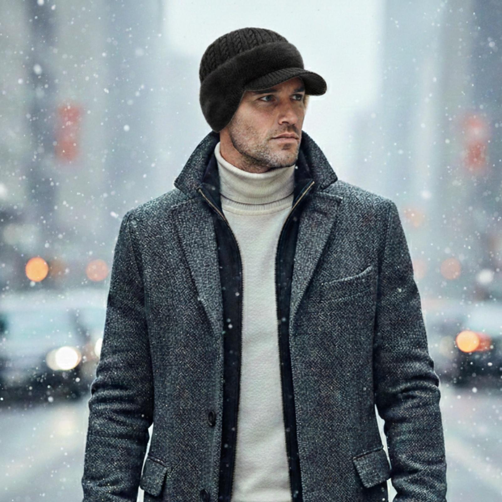 Close-up of a man wearing the black cable knit Kouvr Aspen winter hat, showing the faux fur detail and fit in snowy weather.