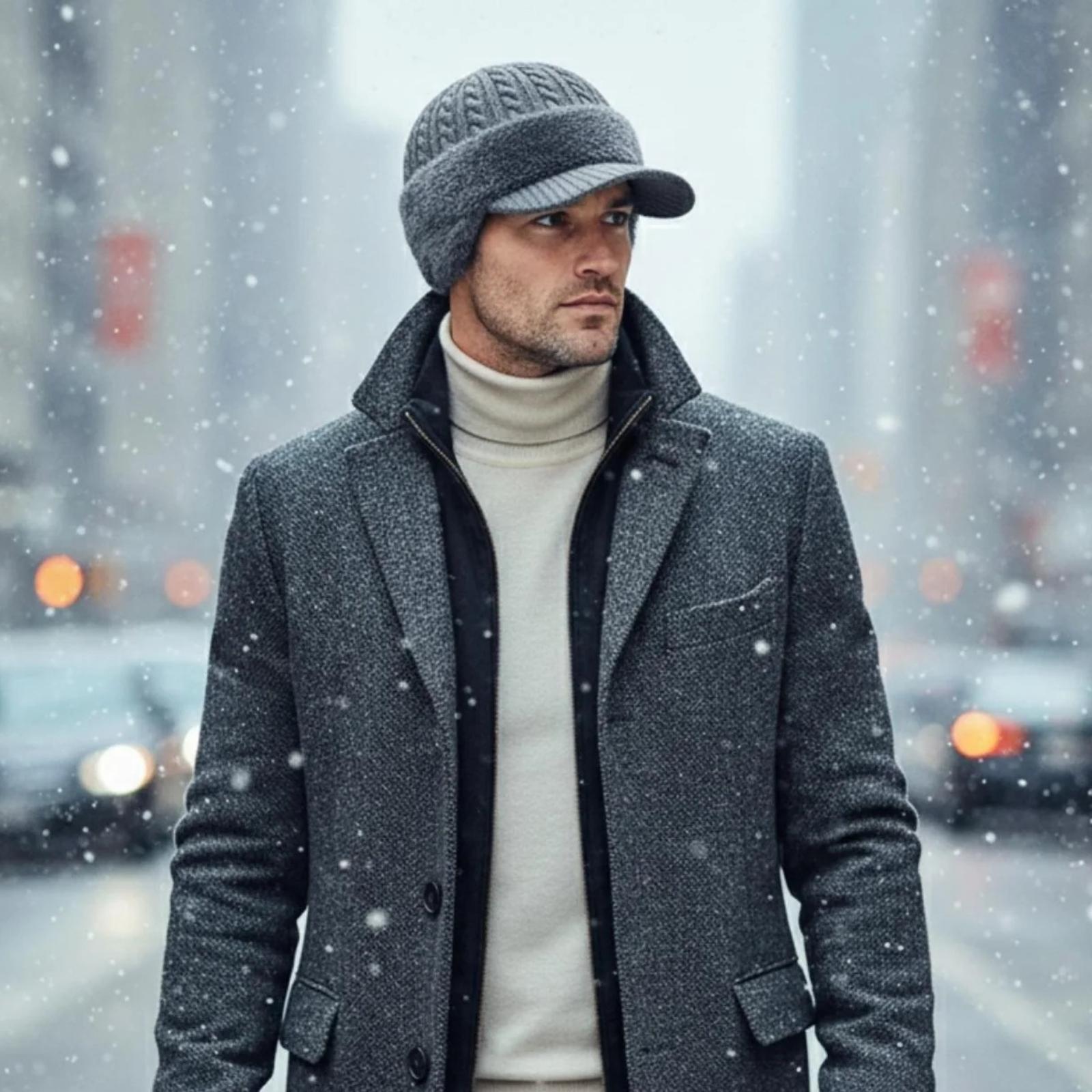 Side profile of a stylish man wearing the grey Kouvr Aspen winter hat with a visor, looking out over a snowy city.