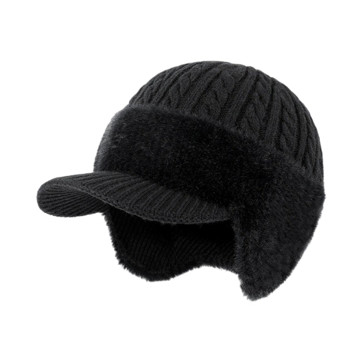 Black cable knit Kouvr Aspen trapper hat with faux fur trim, visor, and ear flaps shown on a white background.