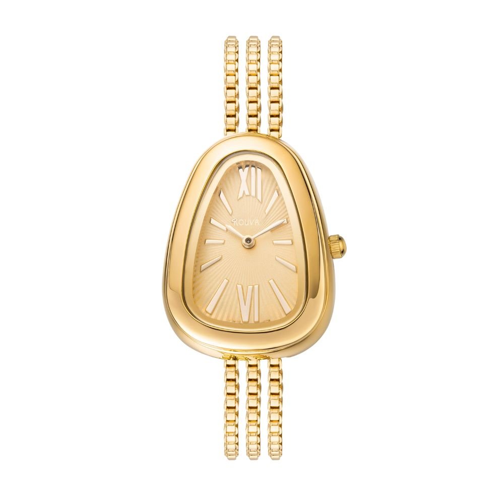 Gold kouvr watch with chain on a white background