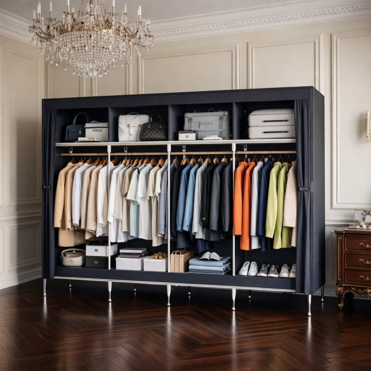 Blue freestanding closet organizer in a luxury bedroom setting with luggage stored on top and long garments hanging inside.