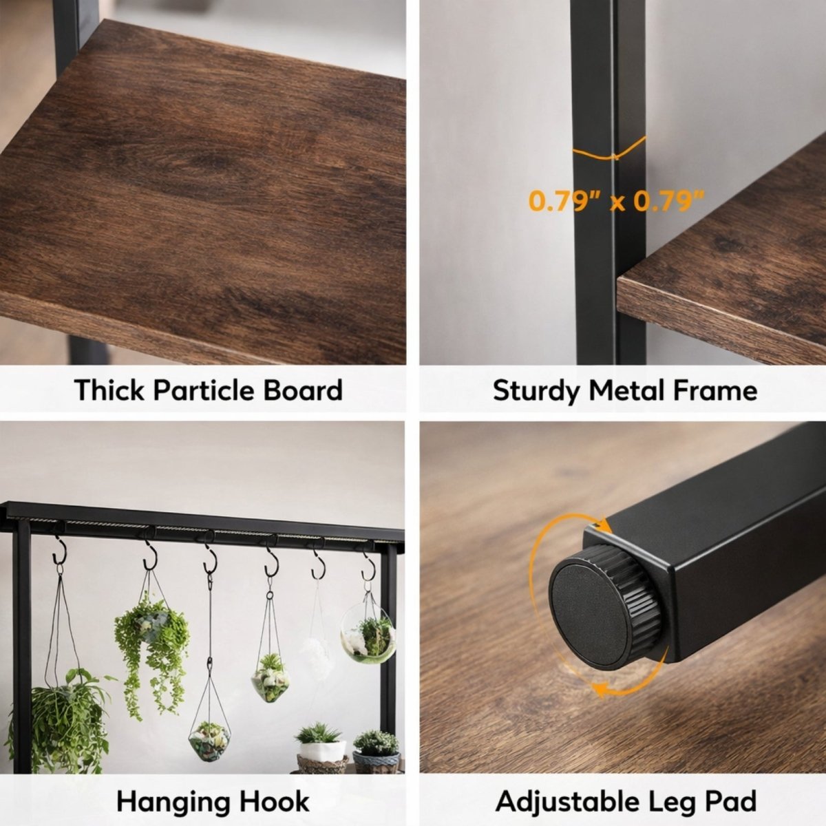 Angled studio shot of the Kouvr Atrium industrial plant stand with dark wood shelves and black metal frame on a white background.