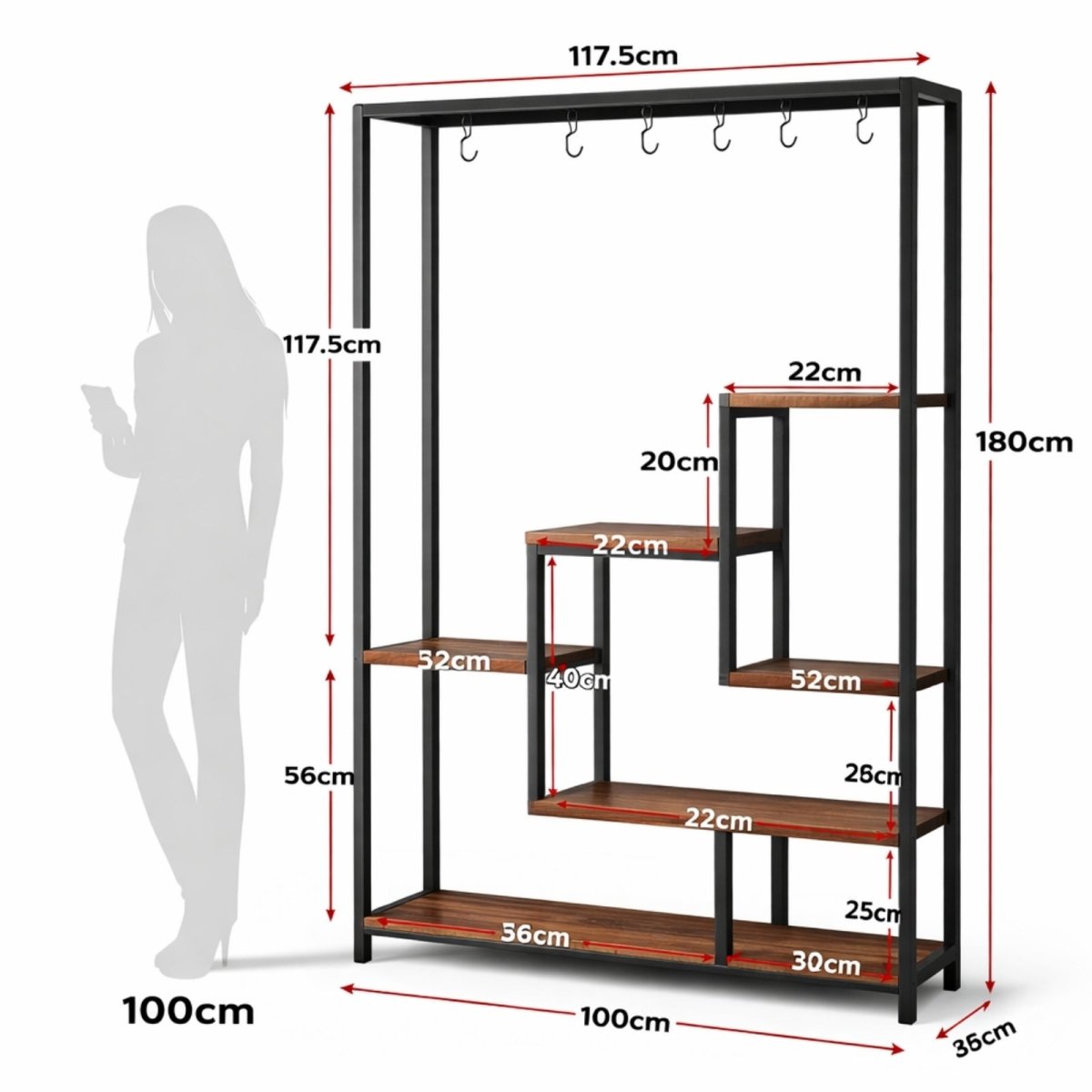 Dimension diagram for the Kouvr Atrium tall industrial plant stand showing height of 180cm, width of 100cm, and detailed shelf measurements.