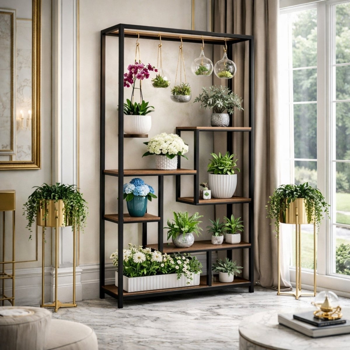 A tall metal and wood plant stand by Kouvr, filled with orchids and hanging plants, placed in an elegant, classic living room with marble floors.