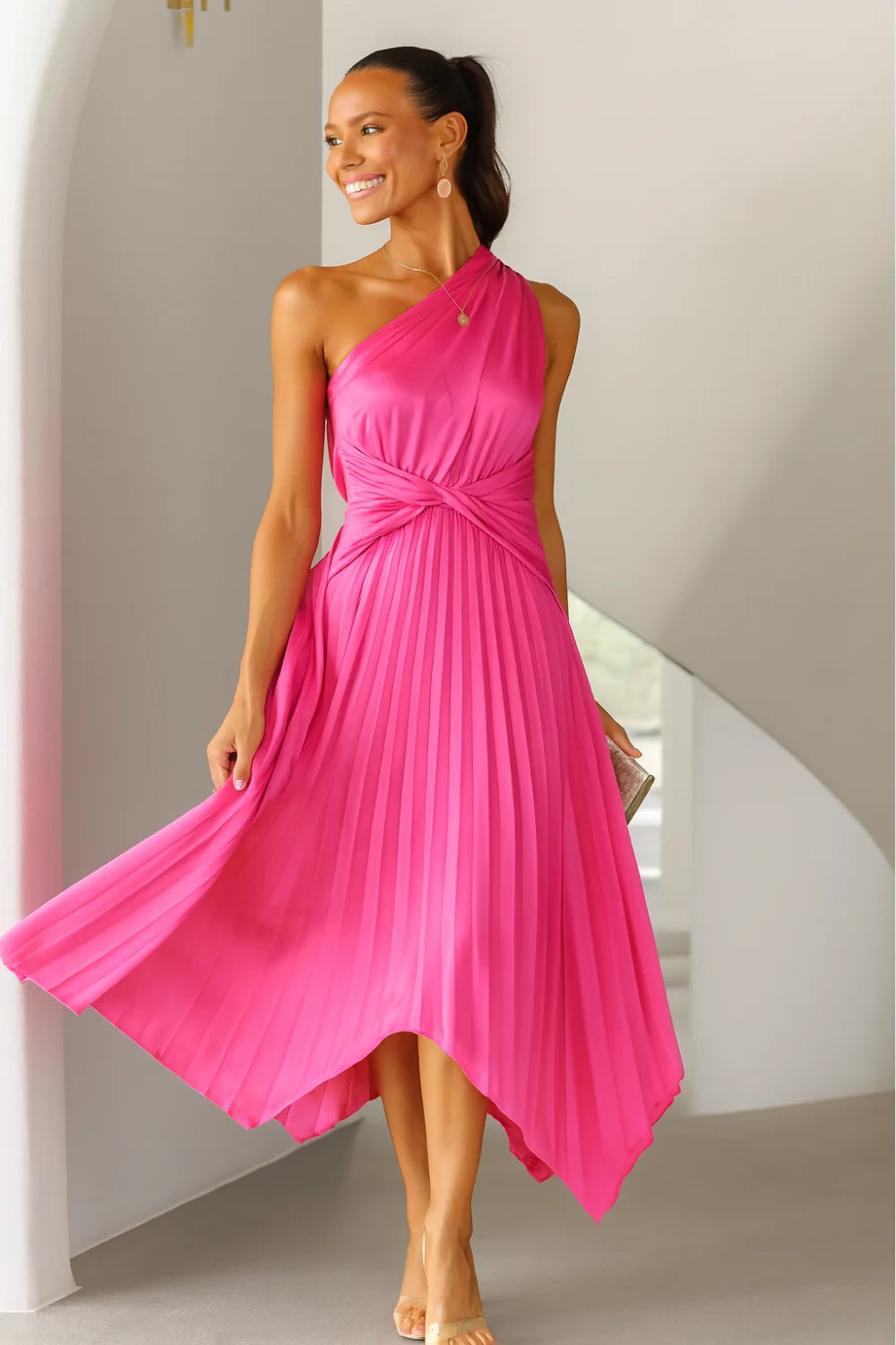Pink One Shoulder Midi Dress | Pleated Asymmetrical Satin Cocktail Dress with Twist Waist for Wedding Guest or Formal Event | Kouvr Fashion Pink One Shoulder Midi Dress | Pleated Asymmetrical Satin Cocktail Dress with Twist Waist for Wedding Guest or Formal Event | Kouvr Fashion