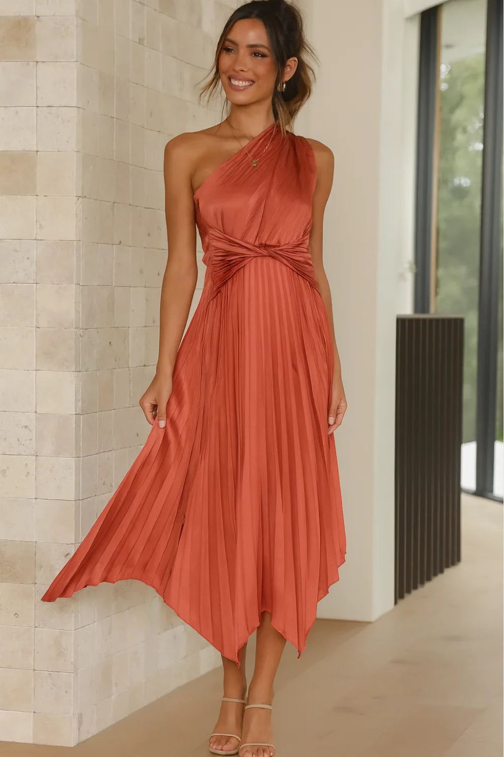 Copper One Shoulder Pleated Midi Dress Satin | Asymmetrical Hem Cocktail & Wedding Guest Gown | Flowy Grecian Twist-Front Formal Dress by Kouvr Copper One Shoulder Pleated Midi Dress Satin | Asymmetrical Hem Cocktail & Wedding Guest Gown | Flowy Grecian Twist-Front Formal Dress by Kouvr
