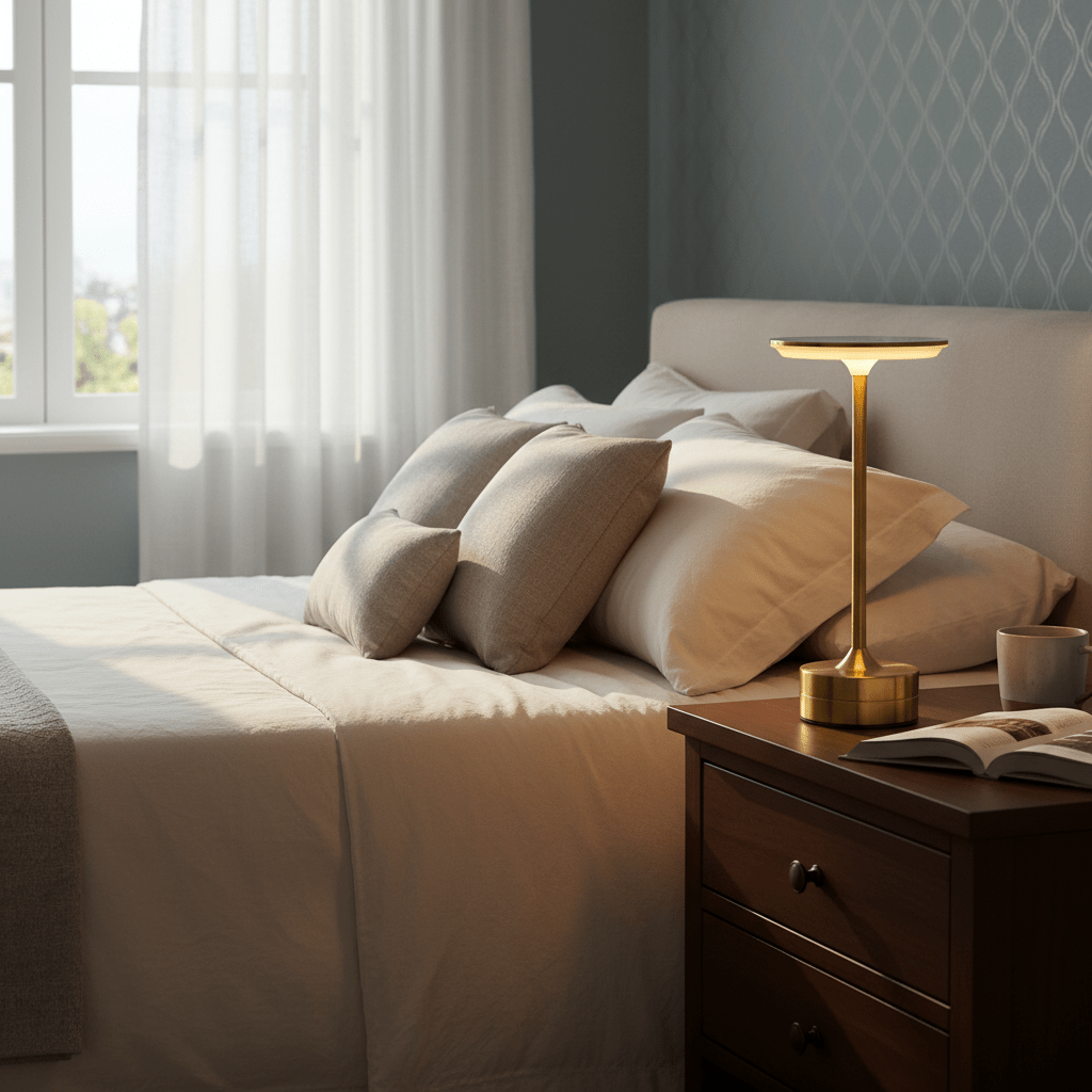 Gold cordless metal table lamp by Kouvr featuring a minimalist silhouette and touch dimmable LED light on a modern luxury nightstand.