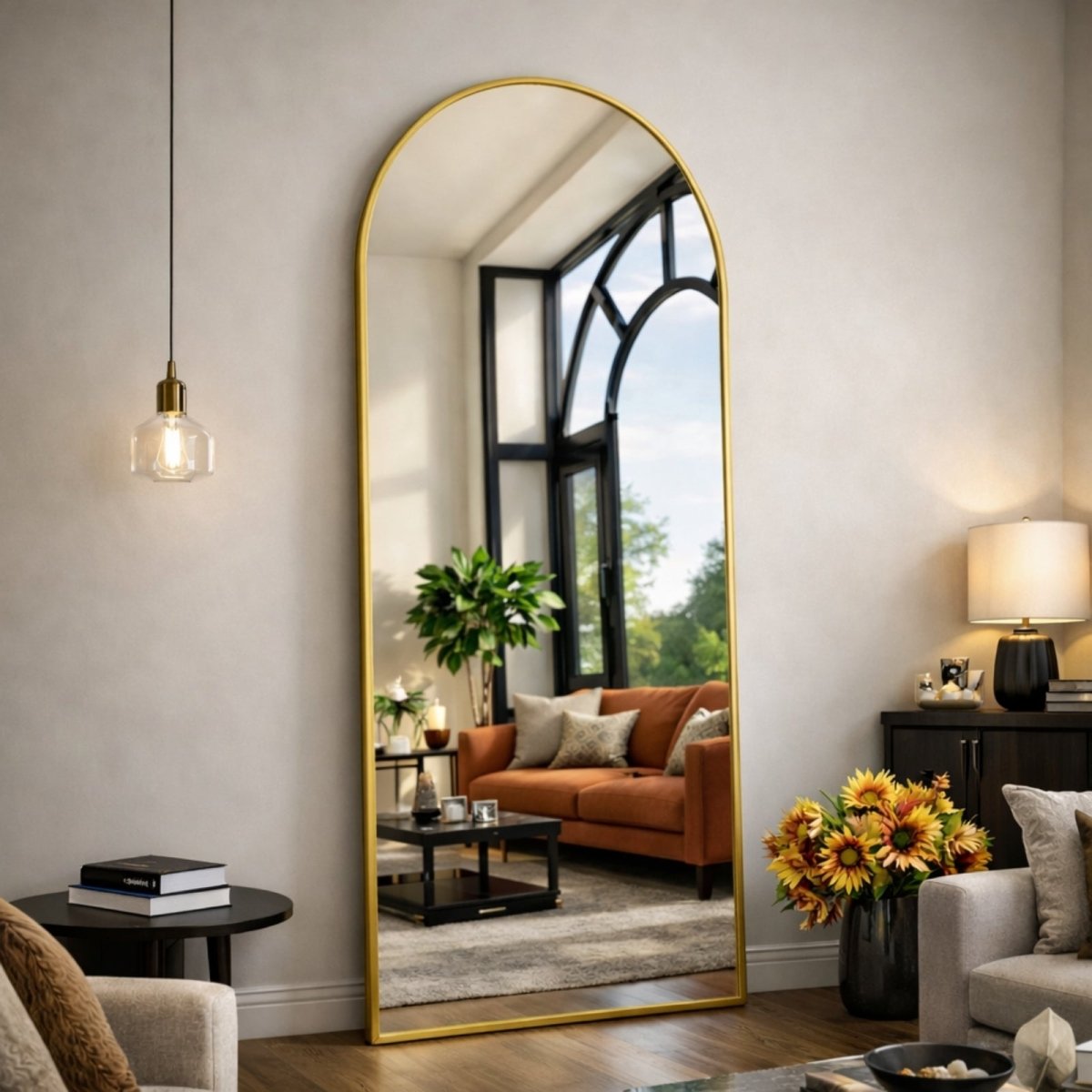 A tall gold arched floor mirror leans against a light gray wall in a modern living room, reflecting an orange sofa and a large arched window.