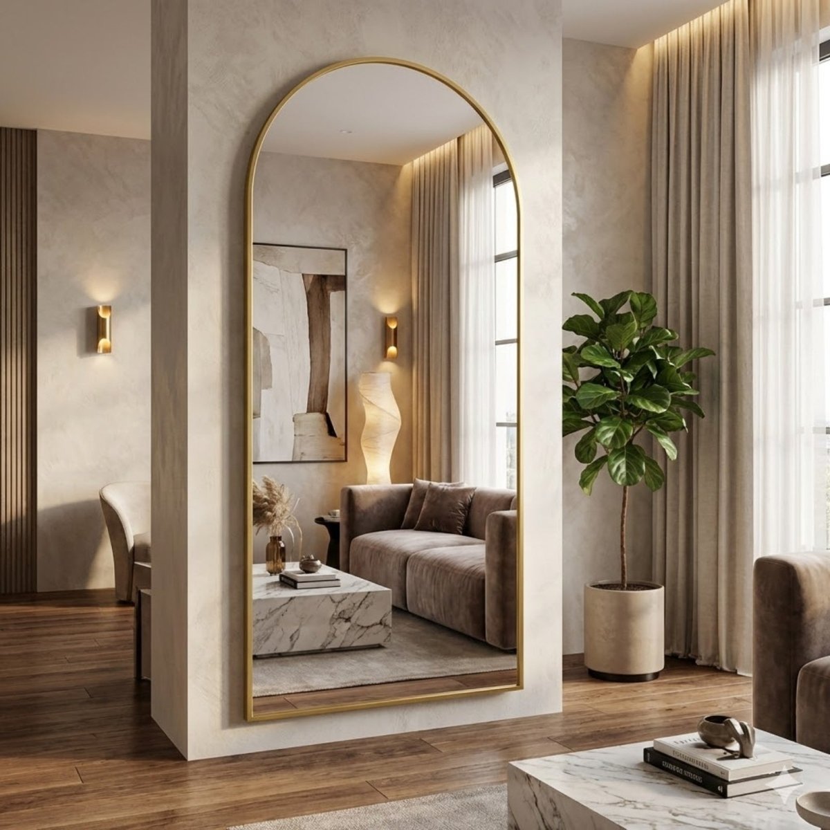A gold arched full-length mirror mounted on a structural pillar in a neutral-toned, luxurious open-plan home, reflecting a brown sofa.
