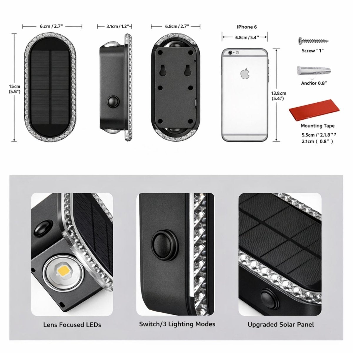 Exact dimensions of the modern solar wall light compared to a smartphone, showing easy installation hardware.