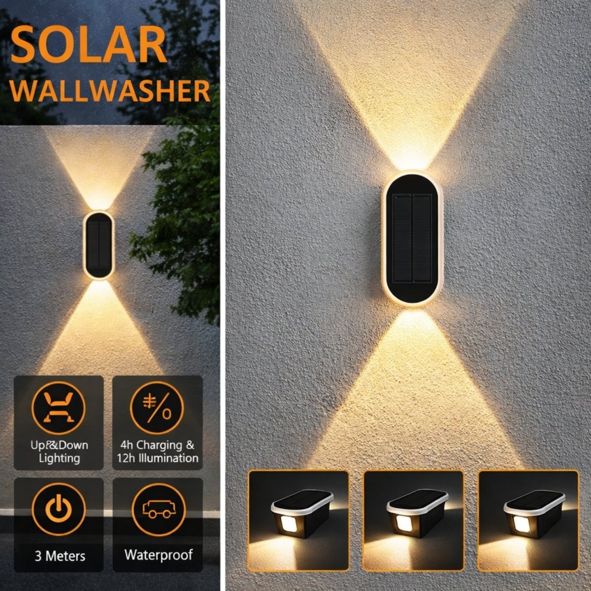 Breakdown of features including up and down lighting, 12-hour battery life, 3-meter range, and waterproof design.
