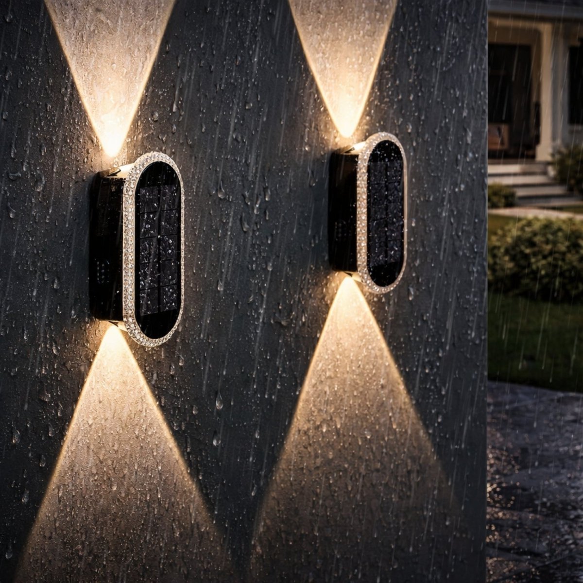 Waterproof solar up and down exterior wall lights enduring heavy rain on a modern facade.