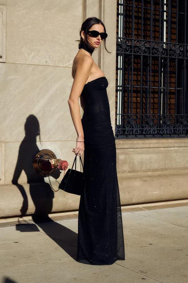 sculptural silhouette," "red carpet attire," and "minimalist glamour" to build topical authority