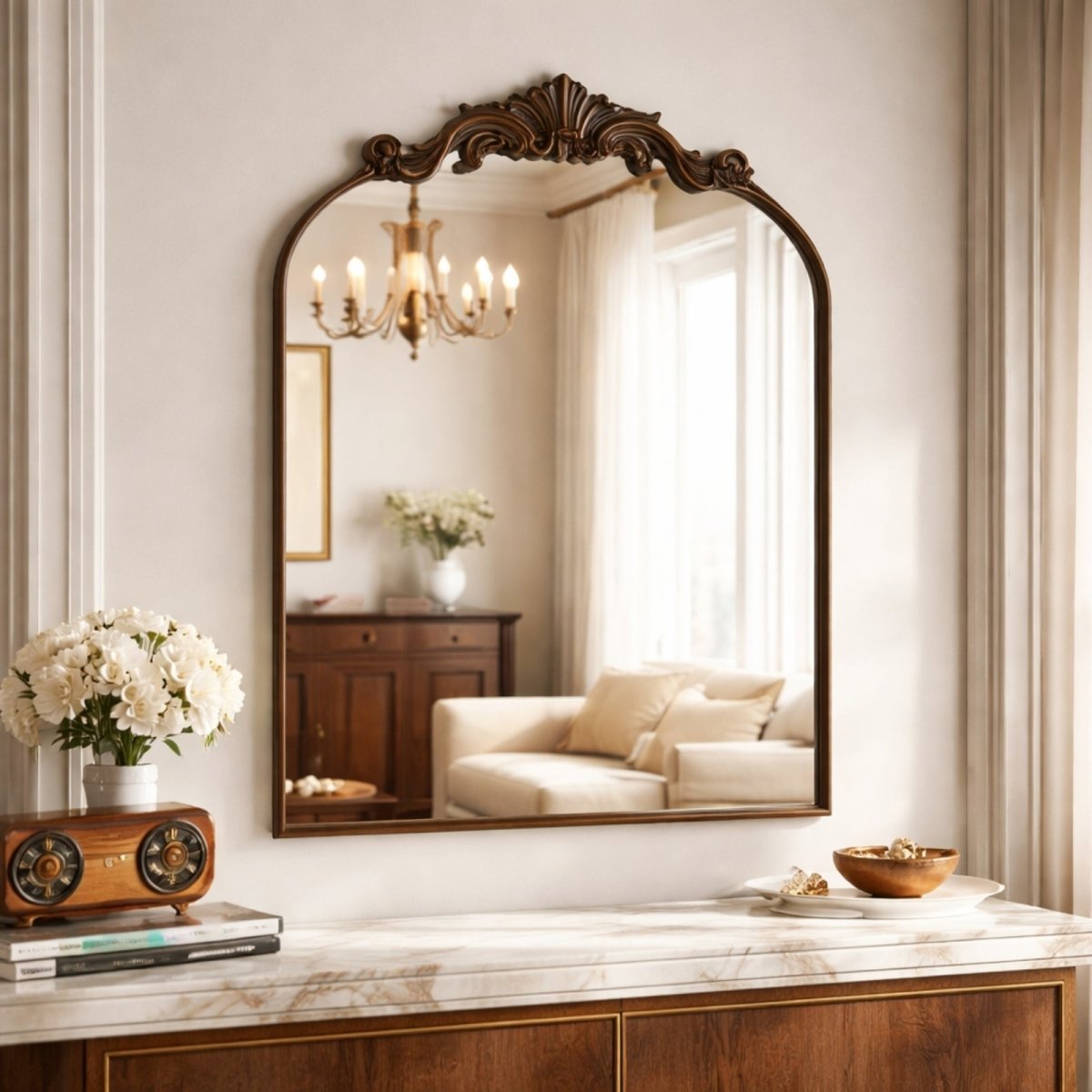 Large gold arched mirror with ornate baroque scrolling top detail sitting on a wooden mantel in a luxury living room.