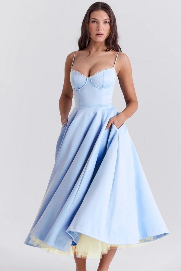 fit-and-flare silhouette', 'cinched waist', '1950s inspired gown', 'structured bodice', and 'sweetheart neckline