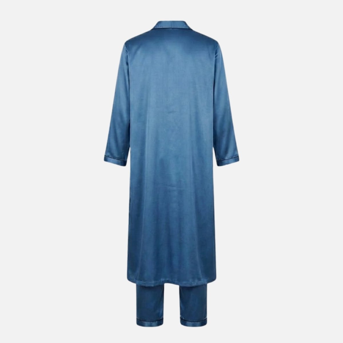 Flatlay showing the back of the Kouvr men's azure blue satin robe and pajama pants.