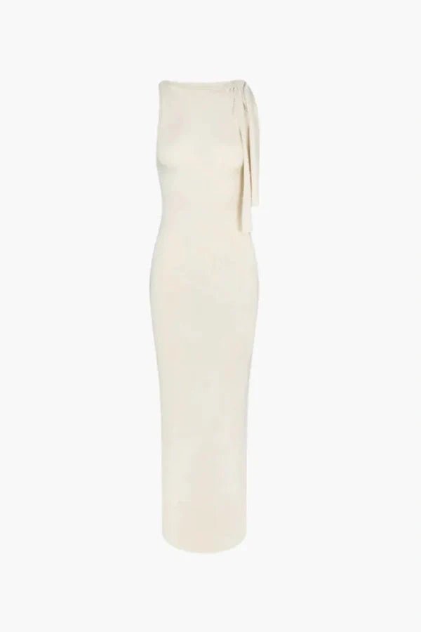minimalist evening wear, sculptural bow dress, column silhouette, grecian style gown