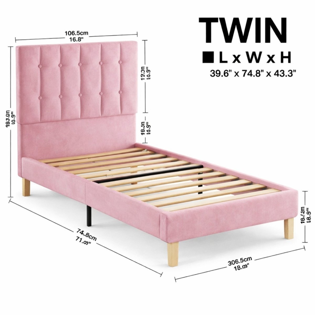 Close up detail of solid wooden support leg and pink velvet corner stitching, revealing the wooden slat support system for mattress breathability.