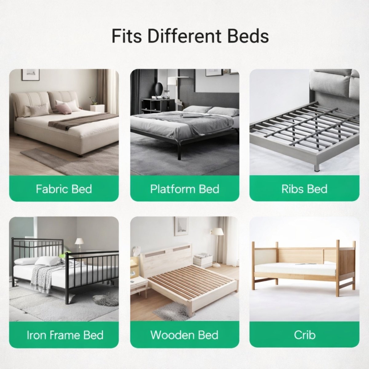 A collage demonstrating the Kouvr bed rail's versatile compatibility with different bed types including fabric, platform, ribs, iron frame, wooden, and cribs.