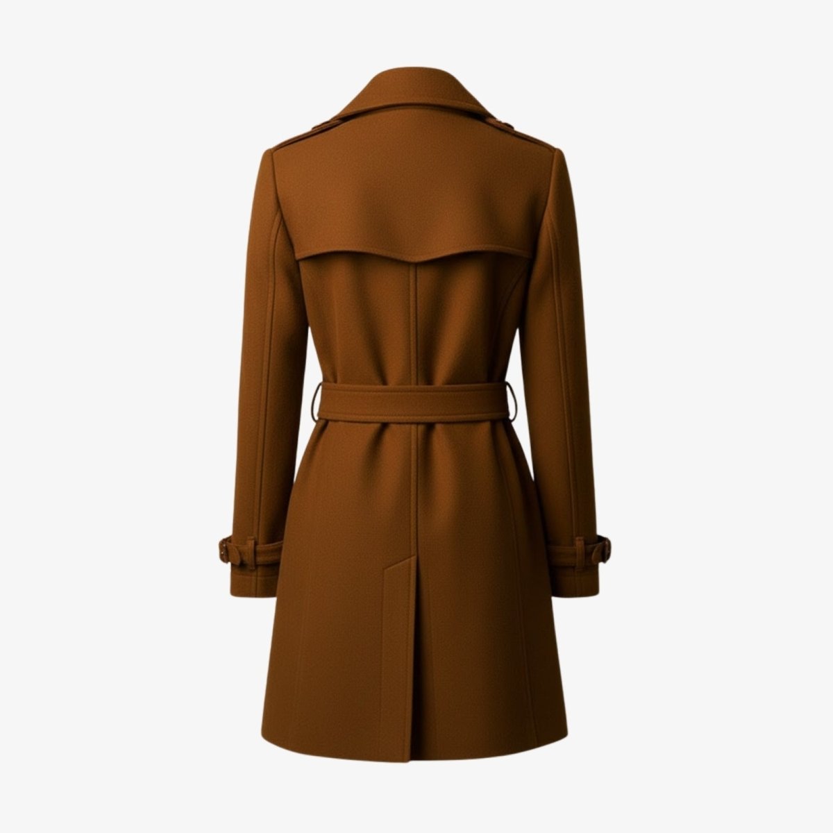 Product flat-lay image of the back of the Kouvr caramel trench coat, detailing the self-tie belt, storm flap, and clean tailoring.