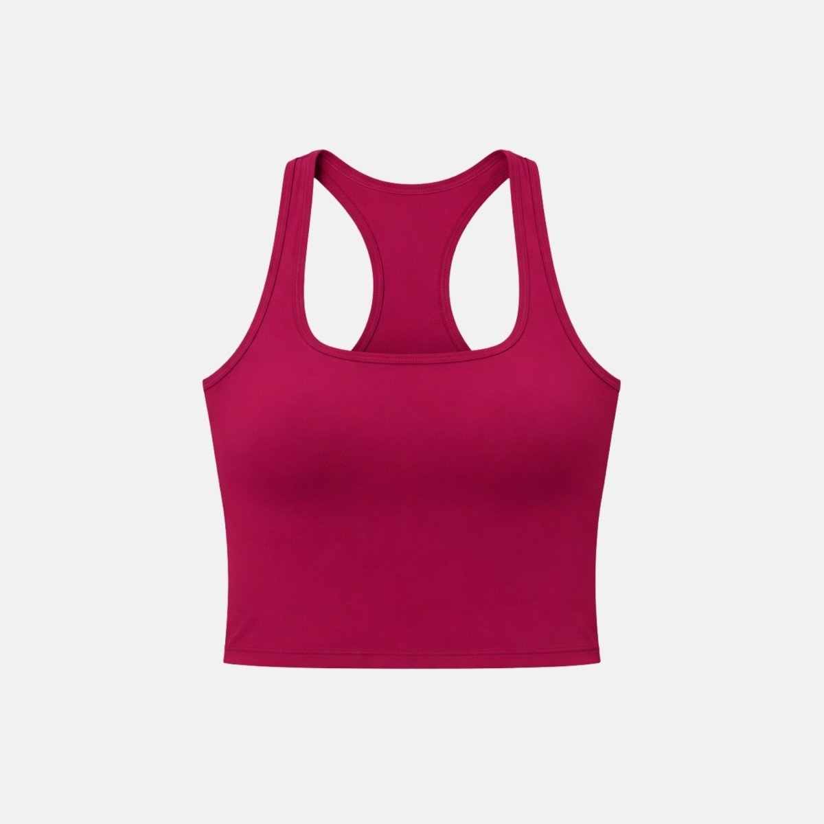 Front flat lay view of the Kouvr berry red square neck cropped workout top on a seamless white background
