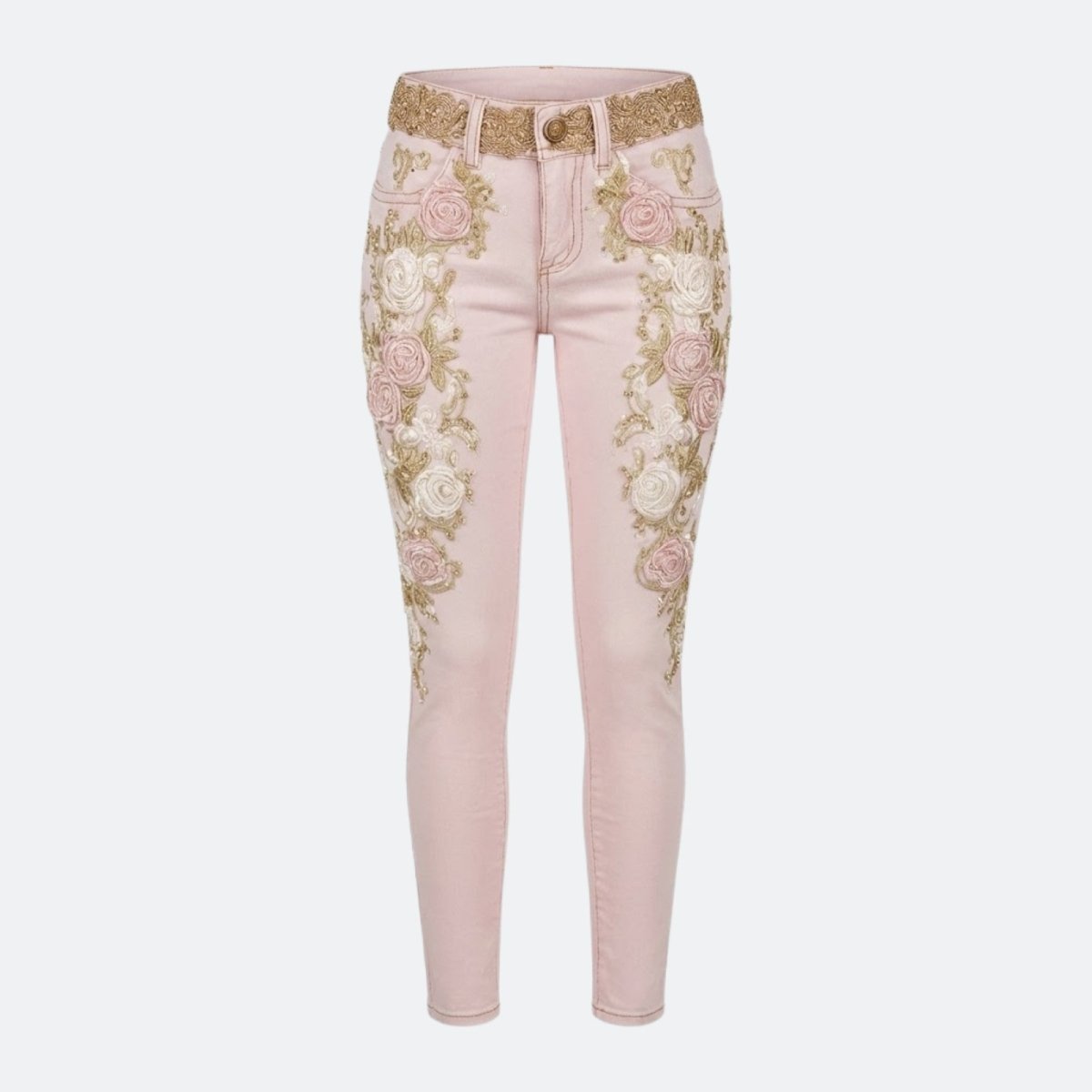 Flatlay product shot of the front of the Kouvr Beth blush pink skinny jeans, showing a clear view of the gold, white, and pink floral embroidery and embellished belt.